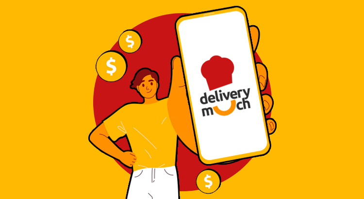 Ilustração em tons de laranja, mostra uma pessoa ao centro segurando um celular. Na tela do celular aparece o logotipo da Delivery Much. Ao redor da pessoa aparecem ilustrações de cifrões.