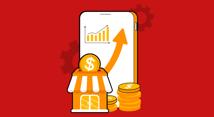 imagem em tom de vermelho, ao centro uma tela de celular com símbolo de moedas e uma flecha apontando para cima.