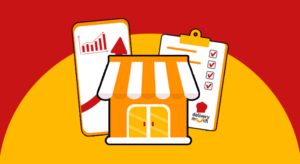 fundo vermelho com semi-circulo amarelo e icones de celular, caderno e facha de loja em amarelo e branco acima