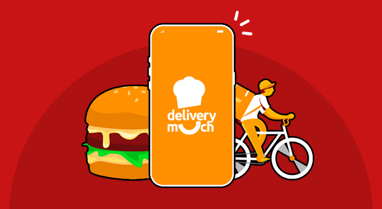 Ilustração em tons de laranja, mostra uma tela de celular ao centro com a logo da Delivery Much. Atrás do celular temos o desenho de um hamburguer e de um entregador de lanches em uma bicicleta
