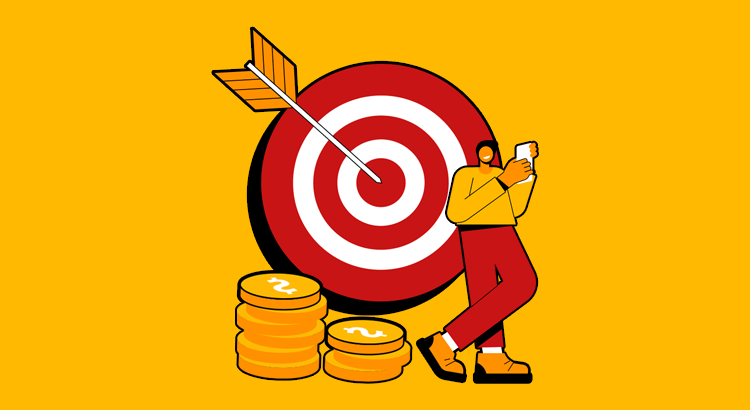 fundo amarelo com icones de moedas douradas e um alvo vermelho e branco